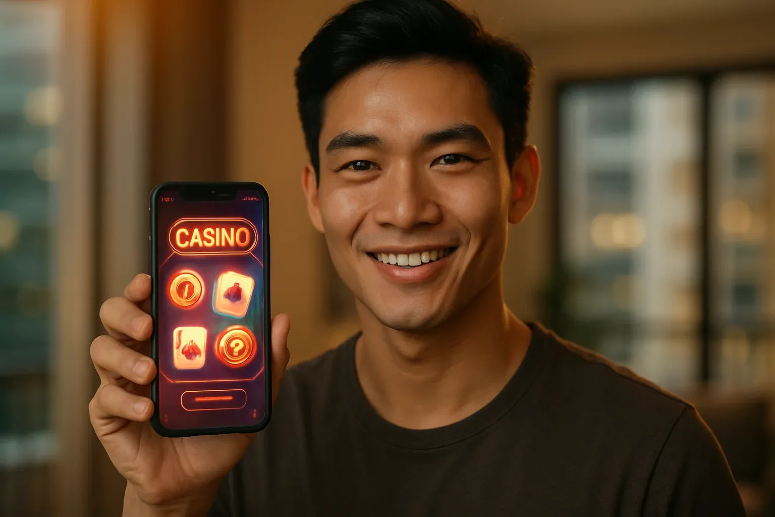 Chàng trai Việt cầm điện thoại hiển thị giao diện casino di động rực sáng