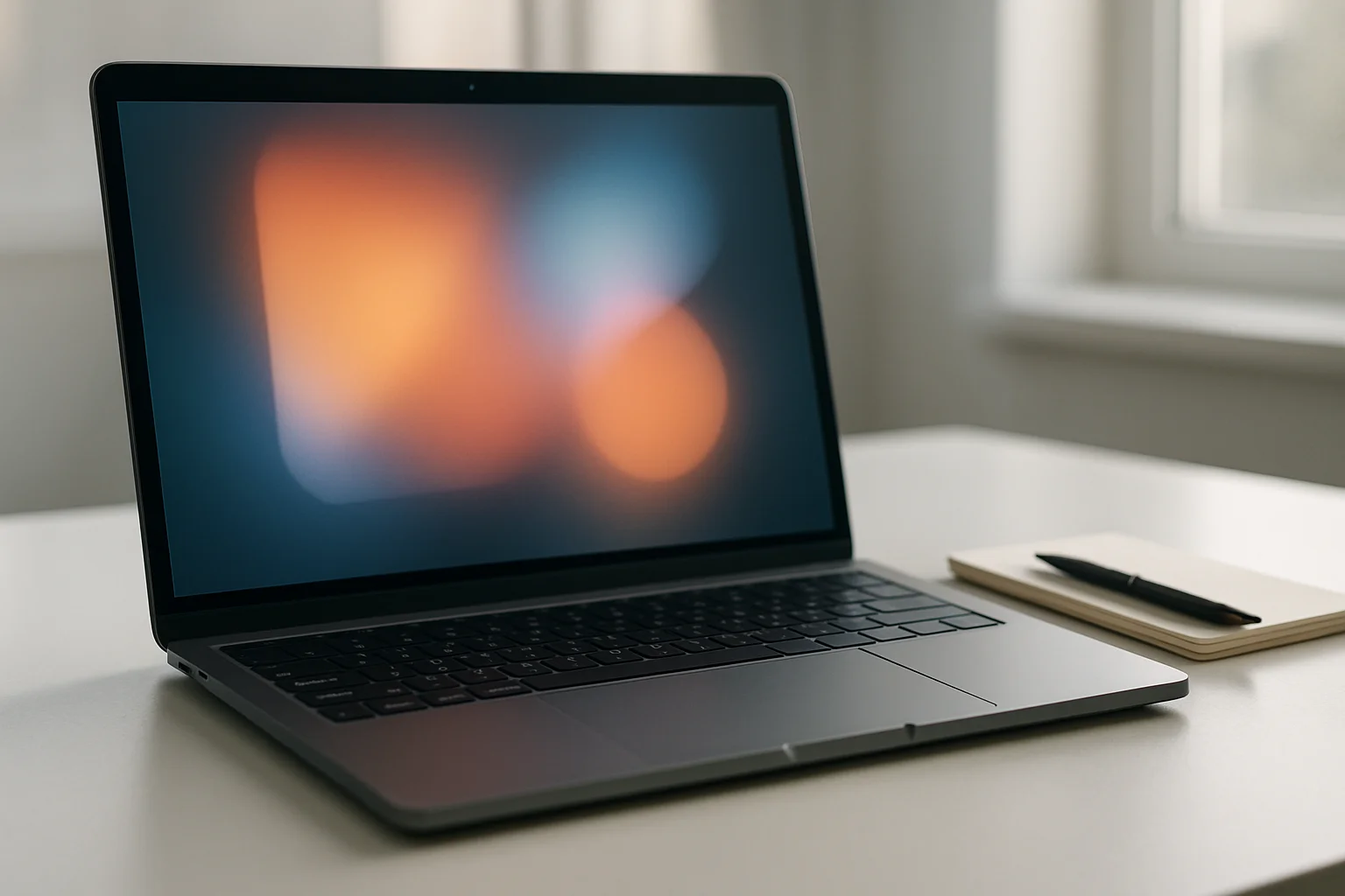 Laptop hiện đại trên bàn trắng, màn hình trừu tượng phát sáng