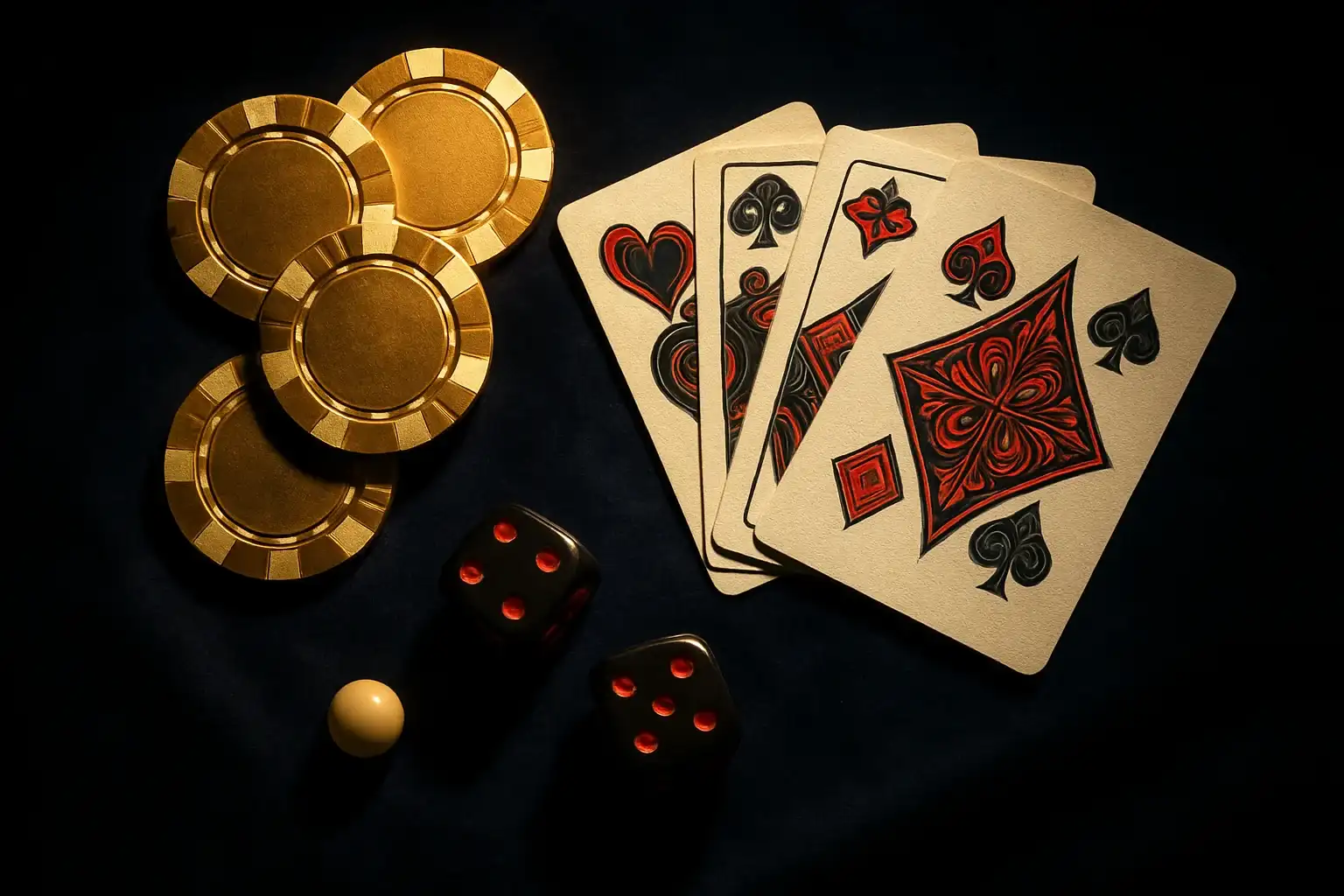 Flat-lay casino trên nhung tối với chip vàng, bài, xúc xắc, bóng roulette
