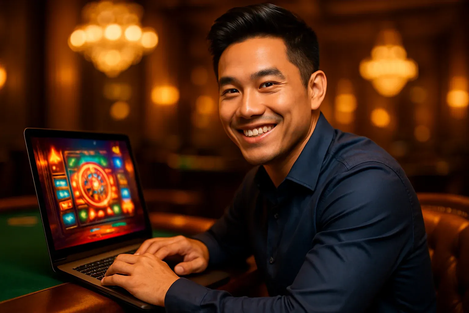 Chân dung nam Việt Nam vui vẻ bên laptop giao diện casino rực sáng
