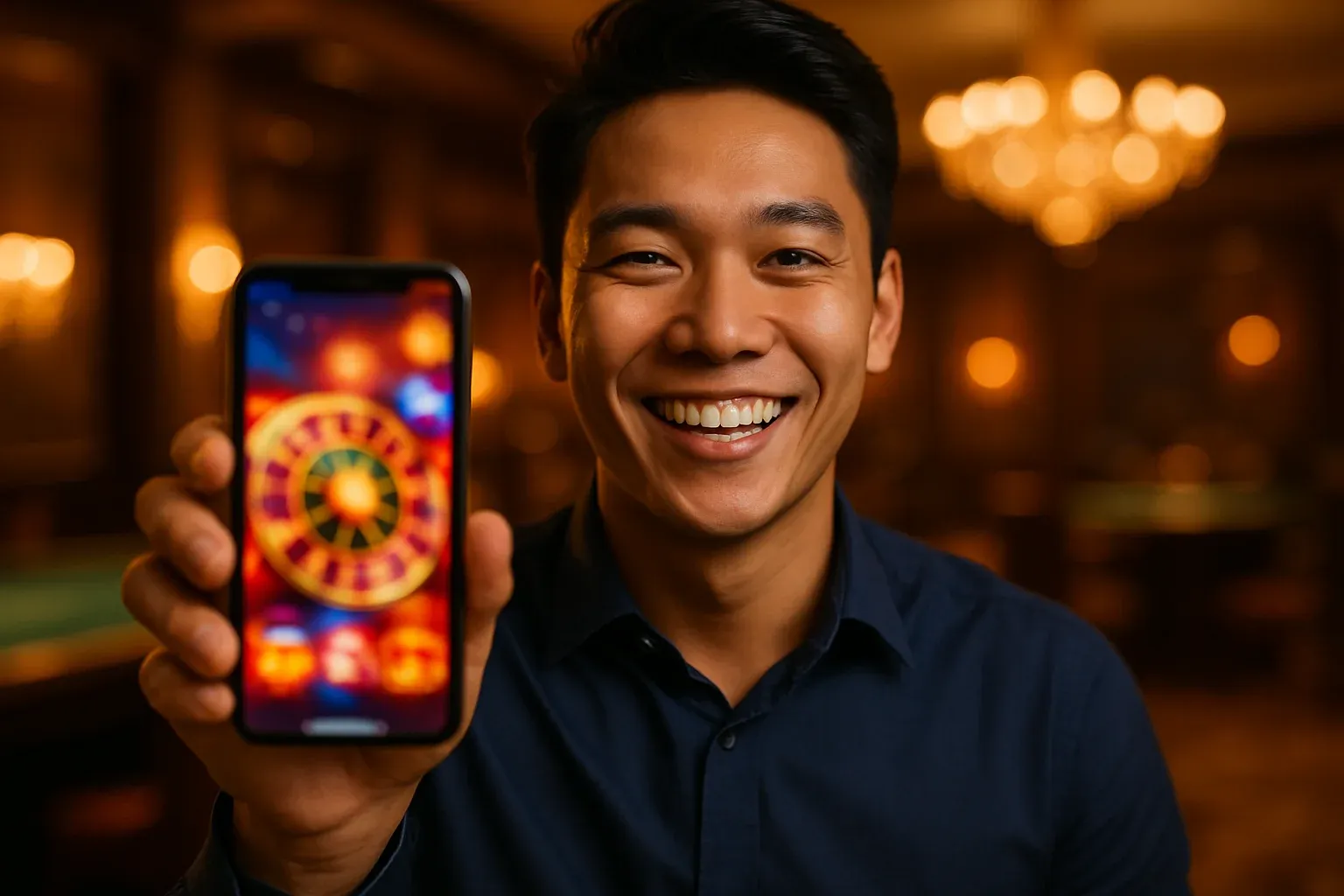 Chân dung nam Việt trẻ cười tươi cầm điện thoại hiển thị app casino mờ